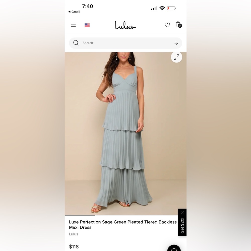 Lulu's Luxe Perfection Sage Green Pleated Tiered Backless Maxi Dress